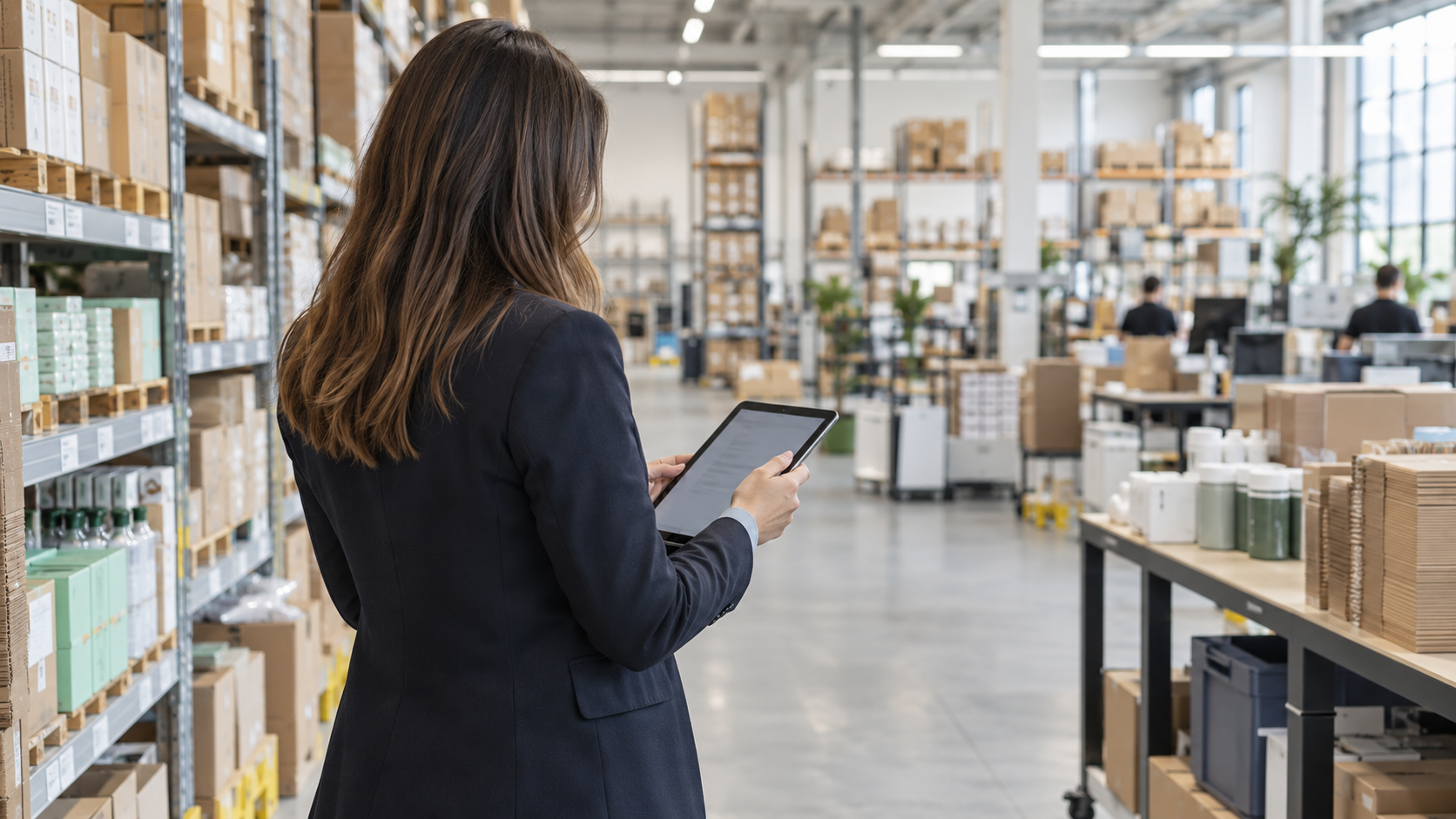 Ecommerce operations manager reviewing a tablet in a bright, organised warehouse